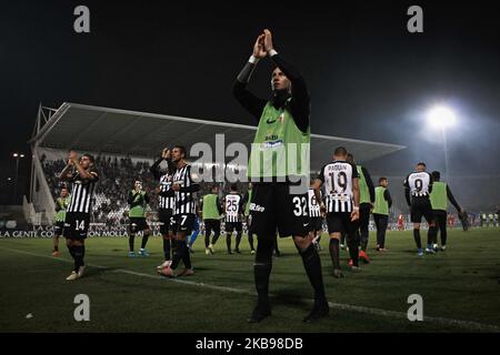 Spieler von Ascoli Calcio 1898 feiern am 25. Oktober 2019 im Stadio Cino e Lillo Del Duca in Ascoli Piceno, Italien, den Sieg des Spiels der italienischen Serie B 2019/2020 zwischen Ascoli Calcio 1898 FC und Virtus Entella. (Foto von Danilo Di Giovanni/NurPhoto) Stockfoto