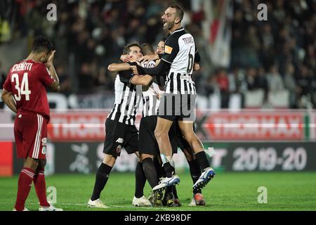 Spieler von Ascoli Calcio 1898 feiern am 25. Oktober 2019 im Stadio Cino e Lillo Del Duca in Ascoli Piceno, Italien, den Sieg des Spiels der italienischen Serie B 2019/2020 zwischen Ascoli Calcio 1898 FC und Virtus Entella. (Foto von Danilo Di Giovanni/NurPhoto) Stockfoto