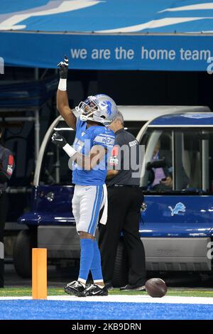 Marvin Hall (17), der breite Empfänger der Detroit Lions, feiert seinen Touchdown während der ersten Hälfte eines NFL-Fußballspiels gegen die New York Giants in Detroit, Michigan, USA, am Sonntag, 27. Oktober 2019 (Foto: Jorge Lemus/NurPhoto) Stockfoto