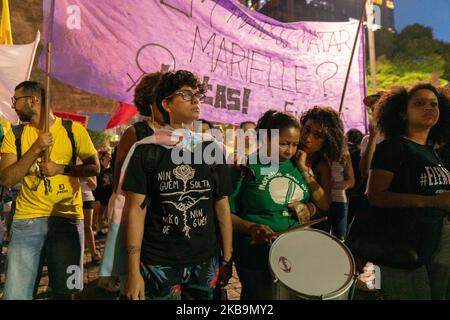 Protest gegen „Wer hat den Mord an Marielle Franco und Anderson angeordnet?“ In Paulista Avenue, São Paulo, Brasilien 31. Oktober 2019. (Filmmaterial von Filam Beltrame/NurPhoto) Stockfoto