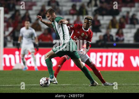 Toni Borevkovic von Rio Ave (L) wetteiferte um den Ball mit Florentino Luis von Benfica (R) während des Fußballspiels der Portugiesischen Liga zwischen SL Benfica und dem FC Rio Ave am 2. November 2019 im Stadion Luz in Lissabon. (Foto von Carlos Palma/NurPhoto) Stockfoto