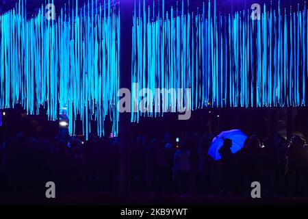 Die Lichtkunstinstallation 'Platonium' war in Toulouse im Quai des Savoirs zu sehen. Es besteht aus 324 leuchtenden Stoffbändern. Die Künstler Eric Michel und Akari-Lisa Ishii (I.C.O.N.) nutzten wissenschaftliche Forschungen des CNRS (National Center for Scientific Research), um ihre Arbeit namens "Platonium" für die 80 Jahre des CNRS zu schaffen. Diese Lichtinstallation wurde in Lyon (Frankreich), Paris (Frankreich), Brüssel (Belgien), Quito (Ecuador) gezeigt. Toulouse. Frankreich. November 3. 2019. (Foto von Alain Pitton/NurPhoto) Stockfoto