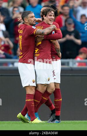 Nicol Zaniolo von AS Roma feiern nach einem Tor während der italienischen Serie Ein 2019/2020-Match zwischen AS Roma und SSC Napoli im Stadio Olimpico am 2. November 2019 in Rom, Italien. (Foto von Danilo Di Giovanni/NurPhoto) Stockfoto