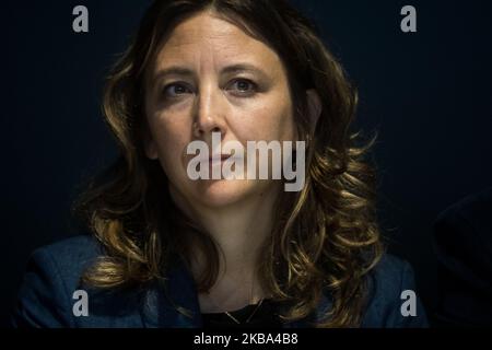 Pressekonferenz der Mitglieder von Europe Ecologie Les Verts (EELV) in Lyon, Frankreich, am 5. November 2019, nachdem Bayer-Monsanto, dessen Sitz sich in Saint-Priest bei Lyon befindet, vor dem Gericht in Lyon die Anfechtung der Genehmigung für das Inverkehrbringen von Roundup 720 eingereicht hatte. Die Pressekonferenz wurde mit den Sprechern von Europe Ecologie Les Verts, Julien Bayou und Sandra Régol, Bruno Bernard, Kandidat für die Präsidentschaft der Metropolregion Lyon, Béatrice Vessiller, Kandidat für den Bürgermeister von Villeurbanne und Grégory Doucet, Kandidat für den Bürgermeister von Lyon, abgehalten Stockfoto