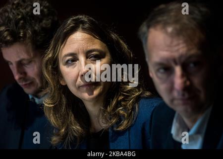 Pressekonferenz der Mitglieder von Europe Ecologie Les Verts (EELV) in Lyon, Frankreich, am 5. November 2019, nachdem Bayer-Monsanto, dessen Sitz sich in Saint-Priest bei Lyon befindet, vor dem Gericht in Lyon die Anfechtung der Genehmigung für das Inverkehrbringen von Roundup 720 eingereicht hatte. Die Pressekonferenz wurde mit den Sprechern von Europe Ecologie Les Verts, Julien Bayou und Sandra Régol, Bruno Bernard, Kandidat für die Präsidentschaft der Metropolregion Lyon, Béatrice Vessiller, Kandidat für den Bürgermeister von Villeurbanne und Grégory Doucet, Kandidat für den Bürgermeister von Lyon, abgehalten Stockfoto