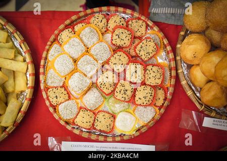 Mochi-Kuchen werden am 6. Oktober 2019 beim Vegan Food Festival in Warschau, Polen, zum Verkauf angeboten. (Foto von Jaap Arriens/NurPhoto) Stockfoto