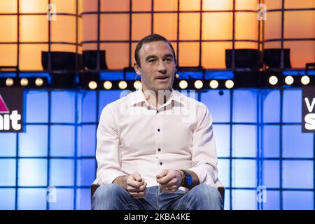 Kevin weil, VP of Product von Calibra (Facebook), spricht am 05. November 2019 in Lissabon, Portugal, auf dem Center Stage des Web Summit in der Altice Arena. Der Web Summit ist eine jährliche Technologiekonferenz, bei der verschiedene Technologieunternehmen über die Zukunft der Industrie diskutieren. Die diesjährige Veranstaltung findet vom 4. Bis 7. November statt und wird voraussichtlich rund 70.000 Teilnehmer anziehen. Stockfoto