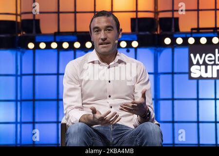 Kevin weil, VP of Product von Calibra (Facebook), spricht am 05. November 2019 in Lissabon, Portugal, auf dem Center Stage des Web Summit in der Altice Arena. Der Web Summit ist eine jährliche Technologiekonferenz, bei der verschiedene Technologieunternehmen über die Zukunft der Industrie diskutieren. Die diesjährige Veranstaltung findet vom 4. Bis 7. November statt und wird voraussichtlich rund 70.000 Teilnehmer anziehen. Stockfoto