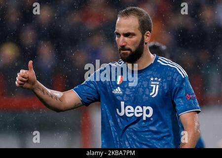 Gonzalo Higuain von Juventus zeigt sich beim UEFA Champions League-Spiel der Gruppe D zwischen Lokomotiv Moskva und Juventus FC am 6. November 2019 in der RZD Arena in Moskau, Russland, begeistert. (Foto von Mike Kireev/NurPhoto) Stockfoto