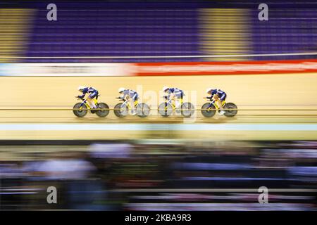 Clara Copponi, Marion Borras, Valentine Fortin und Le Marie Net aus Frankreich im Einsatz während des Women's Team Pursuit Qualifying am 7. November 2019 im Sir Chris Hoy Velodrome in Glasgow, Schottland. (Foto von Ewan Bootman/NurPhoto) Stockfoto