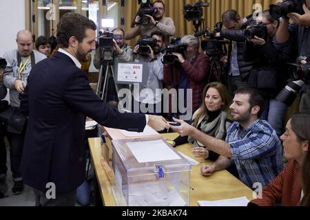 Pablo Casado während der Abstimmung des Partido Popular-Führers Pablo Casado an der Nuestra Senora del Pilar Schule in Madrid, Spanien. 10. November 2019. (Foto von A. Ware/NurPhoto) Stockfoto