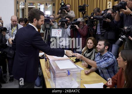 Pablo Casado während der Abstimmung des Partido Popular-Führers Pablo Casado an der Nuestra Senora del Pilar Schule in Madrid, Spanien. 10. November 2019. (Foto von A. Ware/NurPhoto) Stockfoto