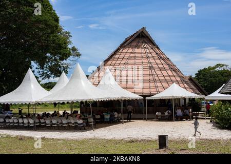 Awala-Yalimapo, Frankreich, 6. Juli 2019. Der Treffpunkt des vorsynodalen Treffens der indigenen Völker Guyanas. Ziel dieser Versammlung ist es, den indigenen Völkern und allen im Amazonas lebenden Gemeinschaften zuzuhören, um über ihre Herausforderungen, Hoffnungen und Lebensvorschläge zu erfahren. (Foto von Emeric Fohlen/NurPhoto) Stockfoto