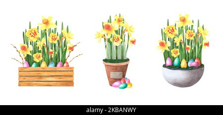 Ostern Set Frühlingsblumen Narzissen in Holzkiste und Keramik-Topf mit farbigen Eiern isoliert auf weißem Hintergrund. Aquarell Handzeichnung Illustration. Stockfoto