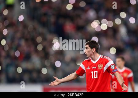Zelimkhan Bakaev aus Russland reagiert während der UEFA Euro 2020 Qualifier zwischen Russland und Belgien am 16. November 2019 in Sankt Petersburg, Russland. (Foto von Igor Russak/NurPhoto) Stockfoto
