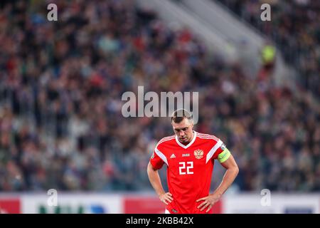 Der russische Artem Dzyuba reagiert während der UEFA Euro 2020 Qualifier zwischen Russland und Belgien am 16. November 2019 in Sankt Petersburg, Russland. (Foto von Igor Russak/NurPhoto) Stockfoto
