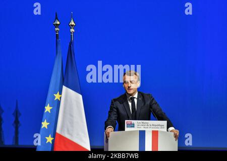Der französische Präsident Emmanuel Macron spricht während des von der AMF-Association des Maires de France organisierten Bürgermeisterkongresses am 19. November 2019 in Paris, Frankreich. (Foto von Daniel Pier/NurPhoto) Stockfoto