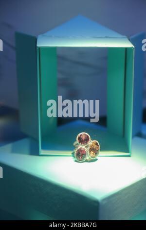 Tiffany & Co. Oder Tiffanys Flagship-Store an der 5. Ave in New York City, USA. Tiffany's ist eine amerikanische Luxusschmuckmarke. Das historische Gebäude und Tiffanys Logo sind berühmt und weltweit bekannt aus dem ikonischen Film Breakfast at Tiffany's mit Audrey Hepburn aus dem Jahr 1961. Tiffany's Schmuck und kultige blaue Geschenkboxen sind im Laden zu sehen. New York, USA - 18. November 2019 (Foto von Nicolas Economou/NurPhoto) Stockfoto