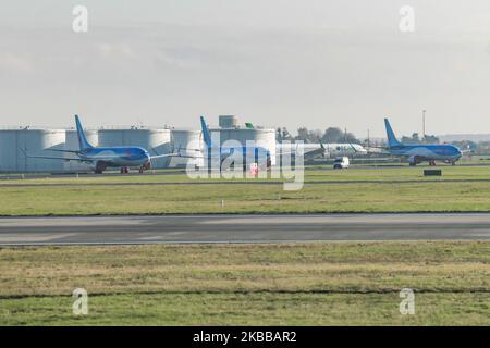 Stapel von TUI Fly Belgium oder TUI Airways Boeing 737 MAX 8 Flugzeugen, die am Brüsseler Nationalflughafen Zaventem BRU EBBR in Belgien landen. Die Flugzeuge werden seit März 12 mit bedeckten Rädern und Motoren geparkt, 2019 als die EASA - European Union Aviation Safety Agency alle Flugoperationen und FAA der 737 MAX 8 und 737 MAX 9 mit einer Sicherheitsrichtlinie wegen des MCAS-Systemausfalls aussperte, was zwei Unfälle desselben neuen Flugzeugtyps zur Folge hatte. TUI fly Belgium ist eine Tochtergesellschaft der TUI Group und Teil der TUI Airlines. TUI Airways, ehemals Thomson Airways VON TOM TOMJET, ist die größte Stockfoto