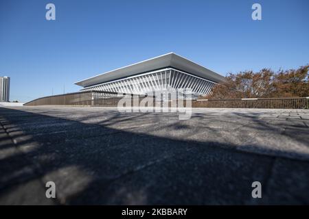 Außenansicht des Tokyo Aquatics Center, Austragungsort der Olympischen und Paralympischen Spiele 2020 in Tokio, Japan, 21. November 2019. Die Fertigstellung des Wasserzentrums ist für Februar 2020 geplant. (Foto von Alessandro Di Ciommo/NurPhoto) Stockfoto