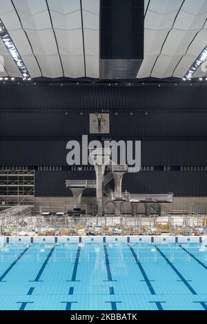 Innenansicht des Tokyo Aquatics Center, Austragungsort der Olympischen und Paralympischen Spiele 2020 in Tokio, Japan, 21. November 2019. Das Wasserzentrum wird voraussichtlich im Februar 2020 fertiggestellt. (Foto von Alessandro Di Ciommo/NurPhoto) Stockfoto