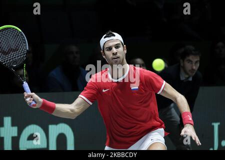 Karen Jachanov aus Russland in Aktion am 5. Tag des Davis Cup 2019 in La Caja Magica am 22. November 2019 in Madrid, Spanien (Foto von Oscar Gonzalez/NurPhoto) Stockfoto