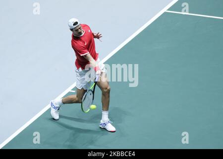 Karen Jachanov aus Russland in Aktion am 5. Tag des Davis Cup 2019 in La Caja Magica am 22. November 2019 in Madrid, Spanien (Foto von Oscar Gonzalez/NurPhoto) Stockfoto