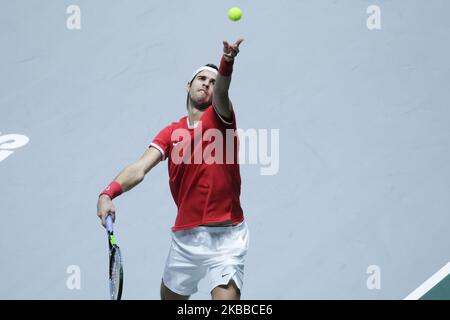 Karen Jachanov aus Russland in Aktion am 5. Tag des Davis Cup 2019 in La Caja Magica am 22. November 2019 in Madrid, Spanien (Foto von Oscar Gonzalez/NurPhoto) Stockfoto