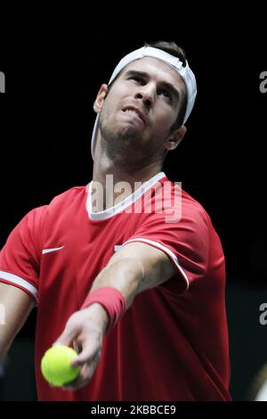 Karen Jachanov aus Russland in Aktion am 5. Tag des Davis Cup 2019 in La Caja Magica am 22. November 2019 in Madrid, Spanien (Foto von Oscar Gonzalez/NurPhoto) Stockfoto