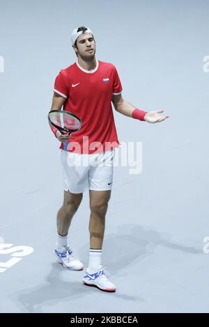 Karen Jachanov aus Russland in Aktion am 5. Tag des Davis Cup 2019 in La Caja Magica am 22. November 2019 in Madrid, Spanien (Foto von Oscar Gonzalez/NurPhoto) Stockfoto