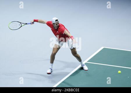 Karen Jachanov aus Russland in Aktion am 5. Tag des Davis Cup 2019 in La Caja Magica am 22. November 2019 in Madrid, Spanien (Foto von Oscar Gonzalez/NurPhoto) Stockfoto