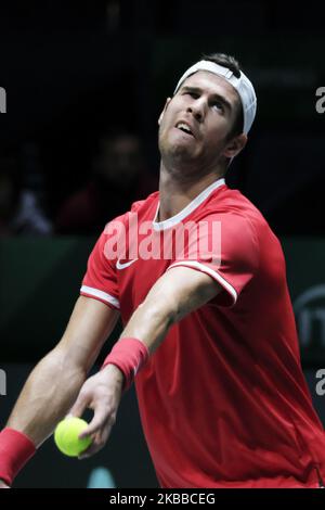 Karen Jachanov aus Russland in Aktion am 5. Tag des Davis Cup 2019 in La Caja Magica am 22. November 2019 in Madrid, Spanien (Foto von Oscar Gonzalez/NurPhoto) Stockfoto