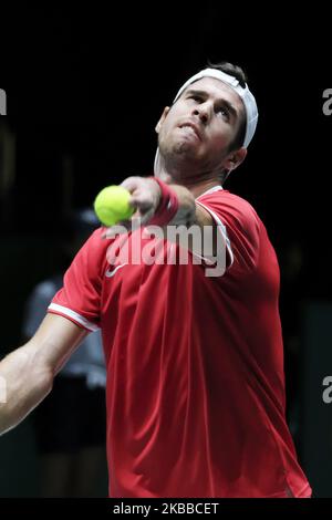 Karen Jachanov aus Russland in Aktion am 5. Tag des Davis Cup 2019 in La Caja Magica am 22. November 2019 in Madrid, Spanien (Foto von Oscar Gonzalez/NurPhoto) Stockfoto