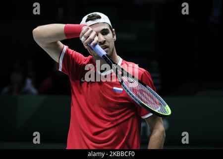 Karen Jachanov aus Russland in Aktion am 5. Tag des Davis Cup 2019 in La Caja Magica am 22. November 2019 in Madrid, Spanien (Foto von Oscar Gonzalez/NurPhoto) Stockfoto