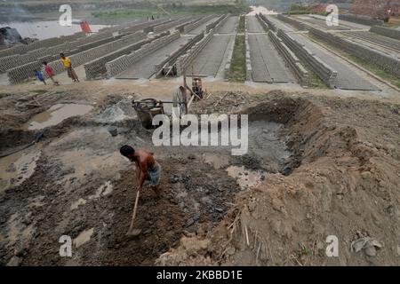 Eine Arbeitskraft, die am 22. November 2019 in einem Ziegelsteinfeld in Dhaka, Bangladesch, arbeitete. (Foto von Syed Mahamudur Rahman/NurPhoto) Stockfoto