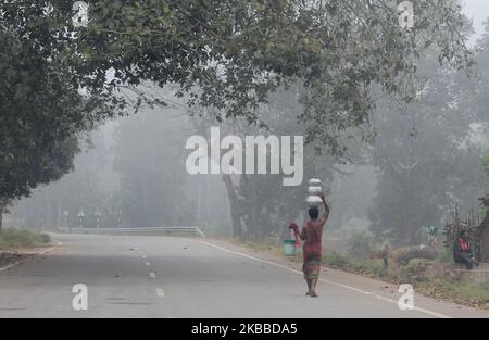 Nebel umhüllte sich in der Hills Station Road bei Belghar im Kandhamal Bezirk, als die Wintersaison beginnt, 220 km entfernt von der östlichen indischen Bundesstaat Odisha Hauptstadt Bhubaneswar. Kandhamal ist der kälteste Ort in Ostindien und jedes Jahr Temperetur mit Minusgraden. (Foto von STR/NurPhoto) Stockfoto