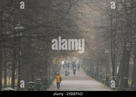 Ein Blick auf den Planty Park in Krakau, während eines Smog-Alarms und eines starken Nebels am 27. November, mit dem Luftqualitätsindex (AQI) für PM2,5 über 150. Am Mittwoch, den 27. November 2019, in Krakau, Woiwodschaft Kleinpolen, Polen. (Foto von Artur Widak/NurPhoto) Stockfoto