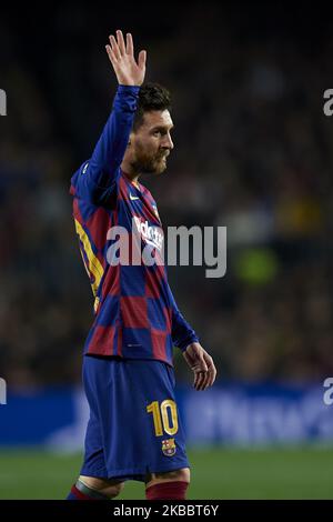 Lionel Messi von Barcelona begrüßt das Spiel der UEFA Champions League Gruppe F zwischen dem FC Barcelona und Borussia Dortmund am 27. November 2019 im Camp Nou in Barcelona, Spanien. (Foto von Jose Breton/Pics Action/NurPhoto) Stockfoto