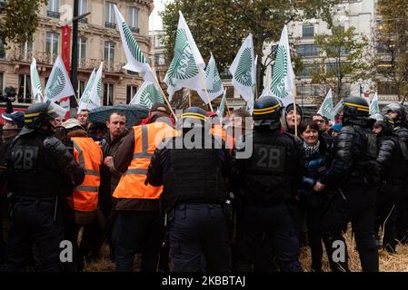 Rund hundert Bauern gossen Stroh auf die Champs-Elysées, bevor sie am Mittwoch, den 27. November 2019, von der Polizei umzingelt wurden. Auf Initiative der Landwirtschaftsgewerkschaften FNSEA und der Jeunes Agriculteurs (ja) übernahmen etwa tausend Traktoren und Bauern die Pariser Ringstraße und organisierten eine Verkehrsblockade, um gegen die Anti-Pestizid-Befehle und das, was sie Agribashing nennen, zu protestieren. Sie besetzten die Peripherie und kurz die Champs-Elysées, während sie darauf warteten, vom zuständigen Minister und einem Vertreter des Elysée empfangen zu werden. (Foto von Samuel Boivin/NurPhoto) Stockfoto