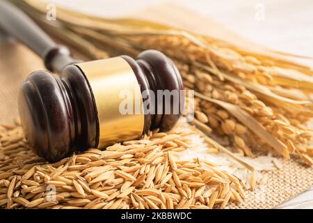 Beurteilen Sie den Hammer mit gutem Getreidreis von der landwirtschaftlichen Farm. Gesetz und Gericht Konzept. Stockfoto