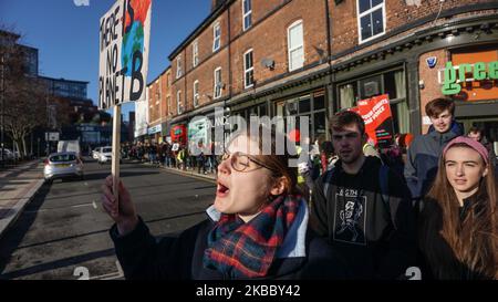 Ein Student hält ein Plakat während der Klimaproteste im Stadtzentrum von Sheffield, England, am 29. November 2019. Hunderte von Studenten gehen aus ihrem Unterricht, während sie auf die Straße gehen, um einen Teil eines globalen Jugendschutzes gegen den Klimawandel zu demonstrieren. (Foto von Giannis Alexopoulos/NurPhoto) Stockfoto