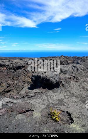 Die malerischen dampfenden Krater und Lavaströme rund um den Aussichtspunkt Mauna Ulu, den Hawaiʻi Volcanoes National Park auf Big Island HI Stockfoto