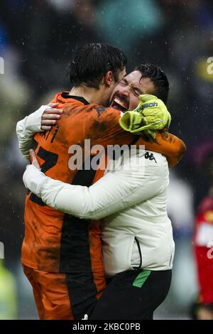 Sassuolo-Torwart Stefano Turati (63) feiert während des Serie-A-Fußballspiels Nr.14 JUVENTUS - SASSUOLO am 01. Dezember 2019 im Allianz-Stadion in Turin, Piemont, Italien. (Foto von Matteo Bottanelli/NurPhoto) Stockfoto