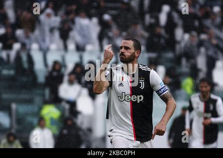 Juventus Verteidiger Leonardo Bonucci (19) feiert nach seinem Tor, um es 1-0 während der Serie A Fußballspiel n.14 JUVENTUS - SASSUOLO am 01. Dezember 2019 im Allianz-Stadion in Turin, Piemont, Italien. (Foto von Matteo Bottanelli/NurPhoto) Stockfoto