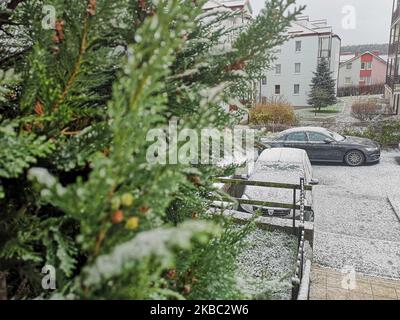 Autos, die nach dem ersten Schneefall in diesem Winter mit Schnee bedeckt sind, werden am 2. Dezember 2019 in Gdynia, Polen, gesehen (Foto: Michal Fludra/NurPhoto) Stockfoto