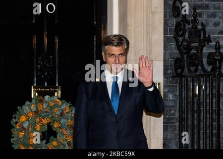 Der kroatische Premierminister Andrej Plenkovic kommt in der Downing Street 10 an, um am 03. Dezember 2019 im Vorfeld des morgigen Hauptgipfels zum Gedenken an den 70.. Jahrestag der NATO in London, England, an einem Empfang der NATO-Führer teilzunehmen, der vom britischen Premierminister Boris Johnson veranstaltet wurde. (Foto von Wiktor Szymanowicz/NurPhoto) Stockfoto