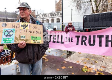 Mitglieder der Umweltorganisation Extension Rebellion protestieren am 6. Dezember 2019 auf dem Parliament Square in London, England. Die Organisation organisiert die so genannte Operation Big Bird, bei der Demonstranten mit einer Statue eines Vogels marschieren, der seinen Kopf in Sand versteckt, um die Haltung der Politiker gegenüber Umweltnotstand zu veranschaulichen. Die Organisation protestiert, um Druck auf die Politiker vor den vorgezogenen Parlamentswahlen in Großbritannien auszuüben. (Foto von Dominika Zarzycka/NurPhoto) Stockfoto