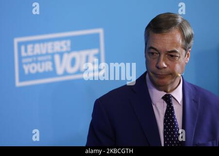 Brexit-Parteichef Nigel Farage während einer Pressekonferenz, zwei Tage vor den Parlamentswahlen, am 10. Dezember 2019 in London, Großbritannien. (Foto von Jakub Porzycki/NurPhoto) Stockfoto