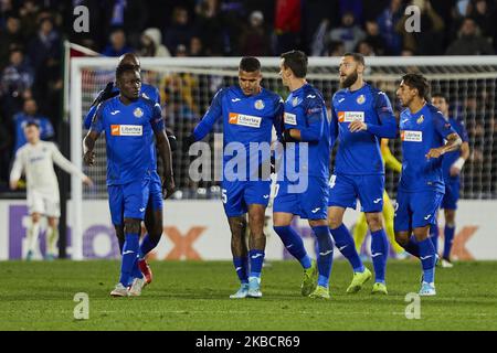 Die Spieler des FC Getafe feiern das Tor während der UEFA Europa League zwischen dem FC Getafe CF und dem FC Krasnodar im Coliseum Alfonso Perez in Madrid, Spanien. (Foto von A. Ware/NurPhoto) Stockfoto