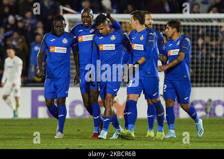 Die Spieler des FC Getafe feiern das Tor während der UEFA Europa League zwischen dem FC Getafe CF und dem FC Krasnodar im Coliseum Alfonso Perez in Madrid, Spanien. (Foto von A. Ware/NurPhoto) Stockfoto